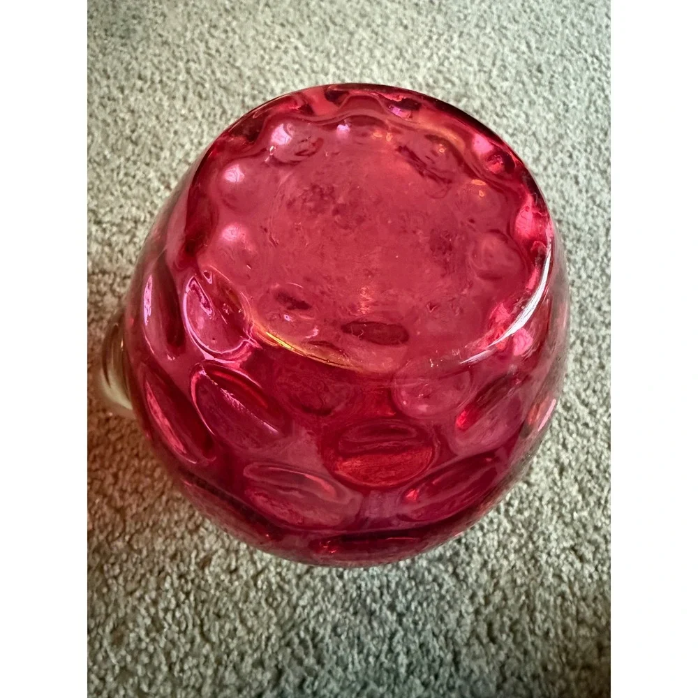 Fenton Cranberry Glass Pitcher Thumbprint Coin Dot Ruffled Rim Clear Handle
